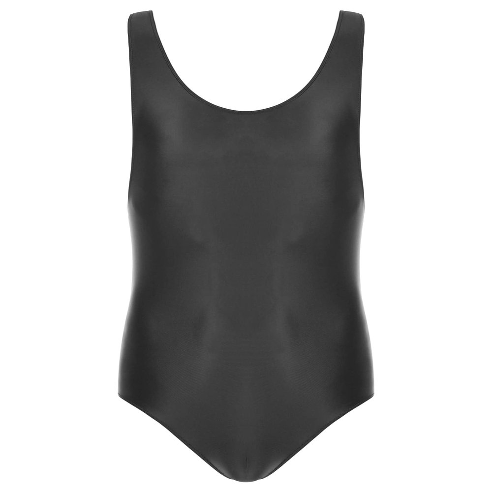 LiiYii Men's High Elastic Fitness Shiny Oil Glossy Silky Bodysuit Slim Sleeveless Jumpsuits Romper Black X-Large