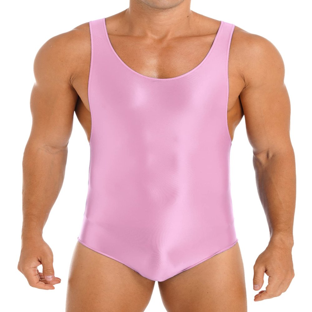 LiiYii Men's High Elastic Fitness Shiny Oil Glossy Silky Bodysuit Slim Sleeveless Jumpsuits Romper Pink Medium