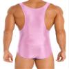 LiiYii Men's High Elastic Fitness Shiny Oil Glossy Silky Bodysuit Slim Sleeveless Jumpsuits Romper Pink Medium view 2