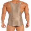 LiiYii Men's High Elastic Fitness Shiny Oil Glossy Silky Bodysuit Slim Sleeveless Jumpsuits Romper Coffee X-Large view 2