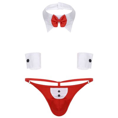 YOOJIA 3pcs Men's Waiter Cosplay Costume G-String Briefs with Collar Bracelets Tuxedo Waiter Server Lingerie Red Large