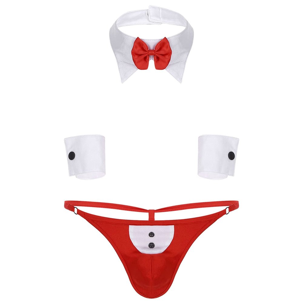 YOOJIA 3pcs Men's Waiter Cosplay Costume G-String Briefs with Collar Bracelets Tuxedo Waiter Server Lingerie Red Large