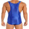 LiiYii Men's High Elastic Fitness Shiny Oil Glossy Silky Bodysuit Slim Sleeveless Jumpsuits Romper Blue X-Large view 4