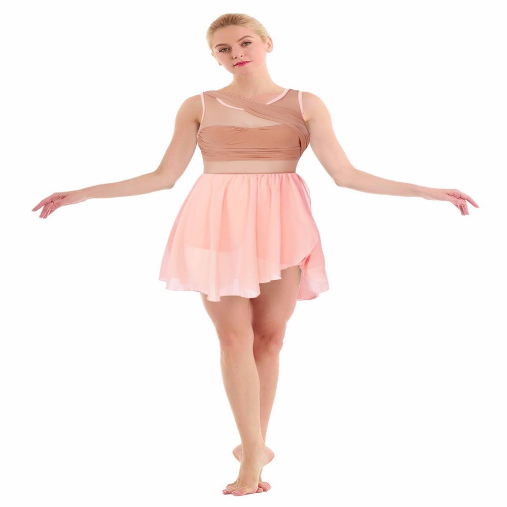 Nikiikoo Women Sleeveless Chiffon Back Cutout Ballet Dance Dress High-Low Skirted Dress Modern Latin Jazz Costume Orange Pink Medium