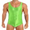 LiiYii Men's High Elastic Fitness Shiny Oil Glossy Silky Bodysuit Slim Sleeveless Jumpsuits Romper Fluorescent Green Medium view 1