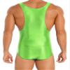 LiiYii Men's High Elastic Fitness Shiny Oil Glossy Silky Bodysuit Slim Sleeveless Jumpsuits Romper Fluorescent Green Medium view 2