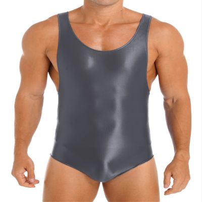Freebily Men's One Piece Stretchy Shiny Oily Wrestling Singlet Tank Tops Undershirts Leotard Dark Grey X-Large