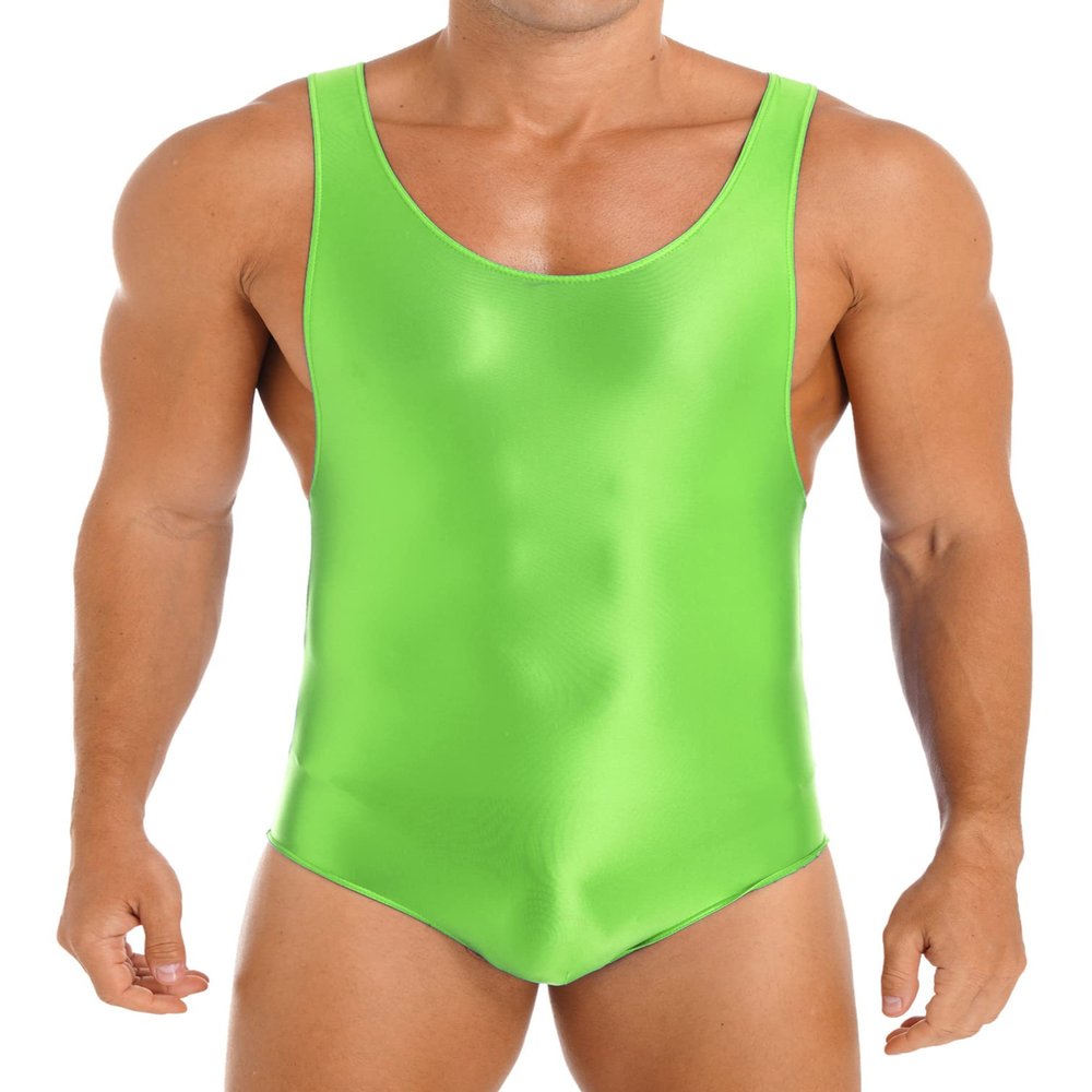 Agoky Men's U Neck Sleeveless Leotard Vest Shirt Oil Bodysuit Sports Wrestling Singlet Jumpsuits Fluorescent Green Medium
