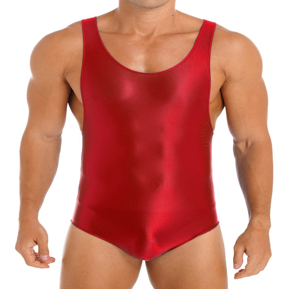 Agoky Men's U Neck Sleeveless Leotard Vest Shirt Oil Bodysuit Sports Wrestling Singlet Jumpsuits Red X-Large