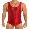 Agoky Men's U Neck Sleeveless Leotard Vest Shirt Oil Bodysuit Sports Wrestling Singlet Jumpsuits Red X-Large view 1