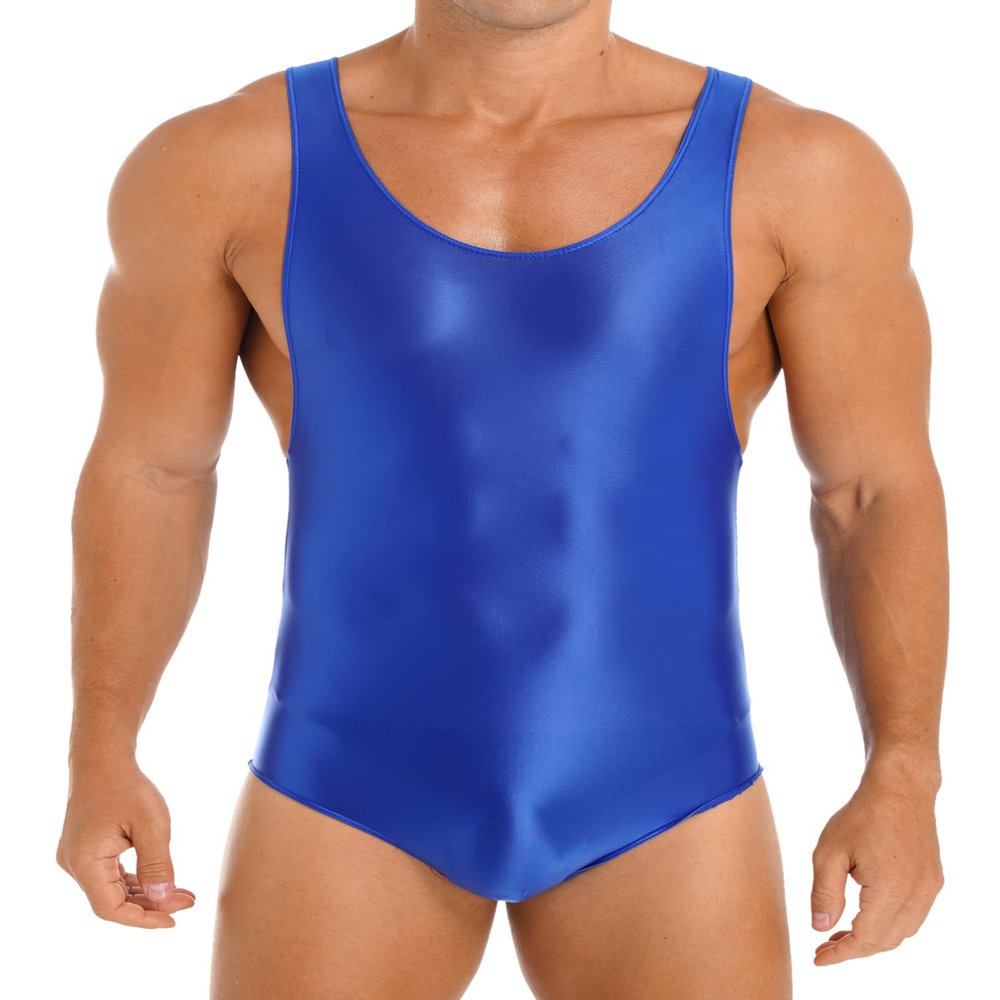 Agoky Men's U Neck Sleeveless Leotard Vest Shirt Oil Bodysuit Sports Wrestling Singlet Jumpsuits Blue Medium