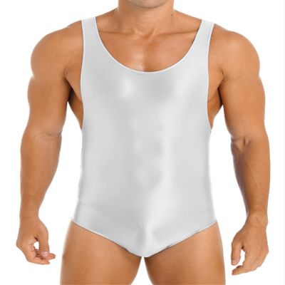 LiiYii Men's High Elastic Fitness Shiny Oil Glossy Silky Bodysuit Slim Sleeveless Jumpsuits Romper White X-Large