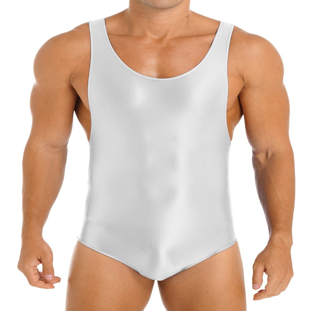 LiiYii Men's High Elastic Fitness Shiny Oil Glossy Silky Bodysuit Slim Sleeveless Jumpsuits Romper White X-Large