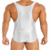 LiiYii Men's High Elastic Fitness Shiny Oil Glossy Silky Bodysuit Slim Sleeveless Jumpsuits Romper White X-Large view 2