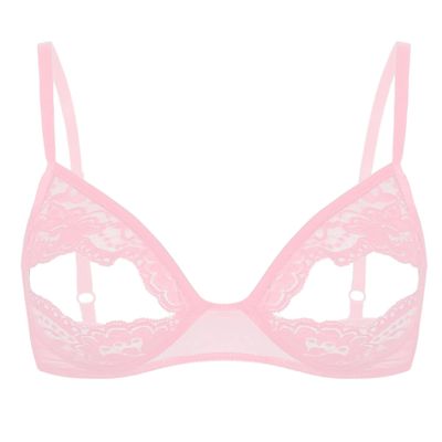 Moggemol Women's Lace Floral Open Tip Bra Wire-Free Unlined Push Up Triangle Bralette Top Nightwear Pink Medium