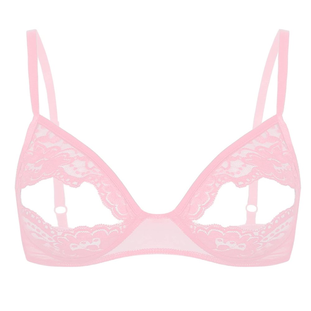 Moggemol Women's Lace Floral Open Tip Bra Wire-Free Unlined Push Up Triangle Bralette Top Nightwear Pink Medium