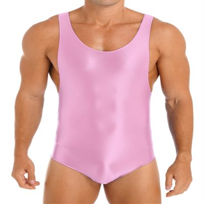 LiiYii Men's High Elastic Fitness Shiny Oil Glossy Silky Bodysuit Slim Sleeveless Jumpsuits Romper Pink X-Large