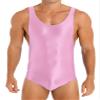 LiiYii Men's High Elastic Fitness Shiny Oil Glossy Silky Bodysuit Slim Sleeveless Jumpsuits Romper Pink X-Large view 1
