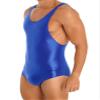LiiYii Men's High Elastic Fitness Shiny Oil Glossy Silky Bodysuit Slim Sleeveless Jumpsuits Romper Blue Medium view 3