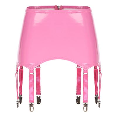 Vxuxlje Women's PVC High Waist Suspender Belt Metal Buckles 8 Wide Straps Garter with Metal Clips Pink Small