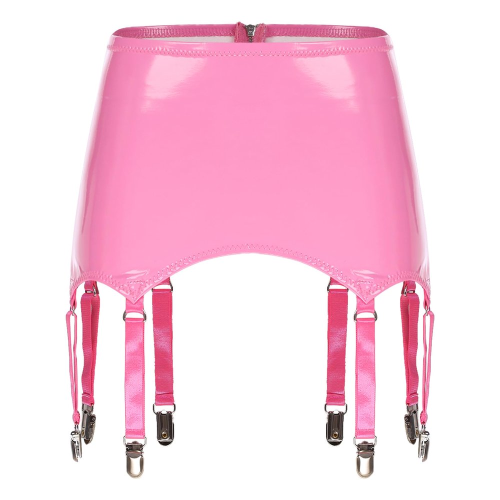 Vxuxlje Women's PVC High Waist Suspender Belt Metal Buckles 8 Wide Straps Garter with Metal Clips Pink Small
