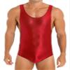 LiiYii Men's High Elastic Fitness Shiny Oil Glossy Silky Bodysuit Slim Sleeveless Jumpsuits Romper Red X-Large view 1