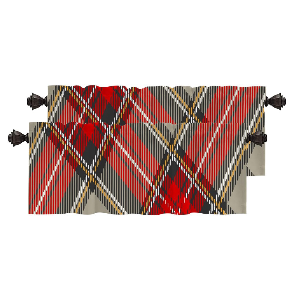 BaoNews Red Gray Modern Plaid Kitchen Valances for Windows,Black Rhombus Scottish Tartan Blackout Valances Curtains Multilayer Polyester Drapes for Kitchen Bedroom 2 Pack 52X16 Inches
