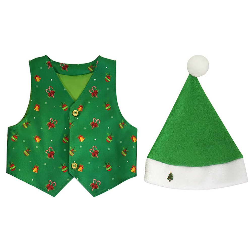 YONGHS Kids Unisex Santa Elf Outfit Christmas Printed Vest and Hat Suit for Xmas Dress-Up Party Green 5-7 Years