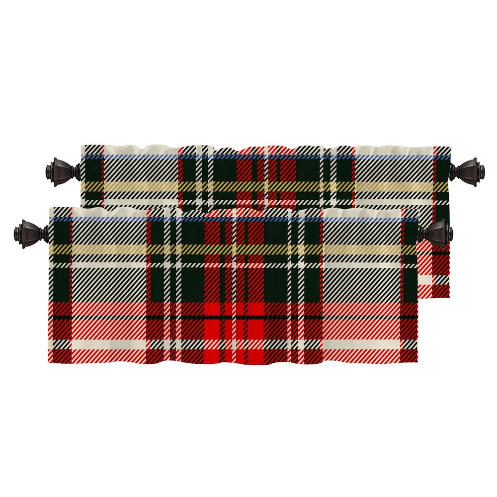 BaoNews Green Scottish Tartan Kitchen Valances for Windows,Square Wool Plaid Symmetric Blackout Valances Curtains Multilayer Polyester Drapes for Kitchen Bedroom 2 Pack 52X16 Inches