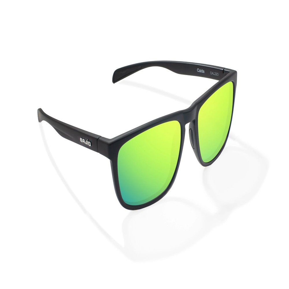 Bajo Calda Polarized Sunglasses  Black Matte  Green Mirror Glass  Narrow Temples, Pin Hinges