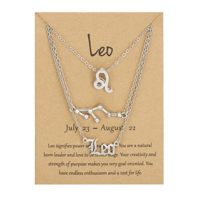 3Pcs Layered 12 Constellation Zodiac Pendant Necklace Set Retro Paper Card Letter Horoscope Floral Birth Month Clavicle Necklace for Women Friendship Jewelry Valentine's Day Gift-Q Leo-S