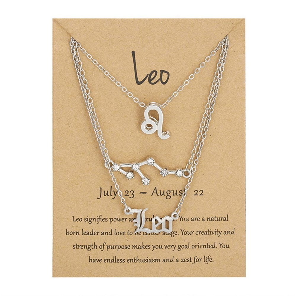 3Pcs Layered 12 Constellation Zodiac Pendant Necklace Set Retro Paper Card Letter Horoscope Floral Birth Month Clavicle Necklace for Women Friendship Jewelry Valentine's Day Gift-Q Leo-S