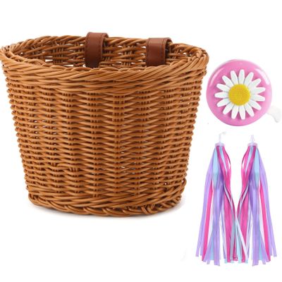 Bike Basket Kid Bicycle Basket Bike Accessories, 1pc Bicycle Bell with Stickers, 1pc Kid Bicycle Front Basket and 1pairs Colorful Ribbons Tassels Decoration for Girl Boy (Brown)