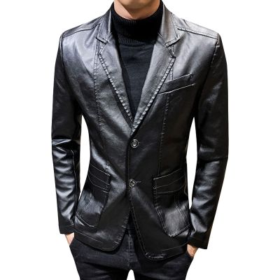 Faux Leather Blazer for Men Stylish 2 Button Moto Leather Suit Jacket Casual Regular Fit Business Sports Coat (Black,Large)