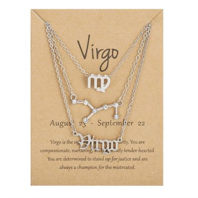 3Pcs Layered 12 Constellation Zodiac Pendant Necklace Set Retro Paper Card Letter Horoscope Floral Birth Month Clavicle Necklace for Women Friendship Jewelry Valentine's Day Gift-R Virgo-S