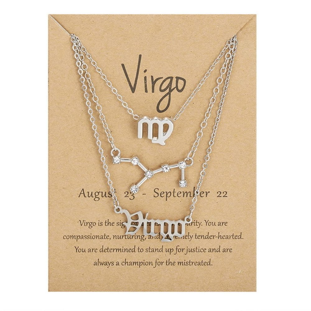 3Pcs Layered 12 Constellation Zodiac Pendant Necklace Set Retro Paper Card Letter Horoscope Floral Birth Month Clavicle Necklace for Women Friendship Jewelry Valentine's Day Gift-R Virgo-S