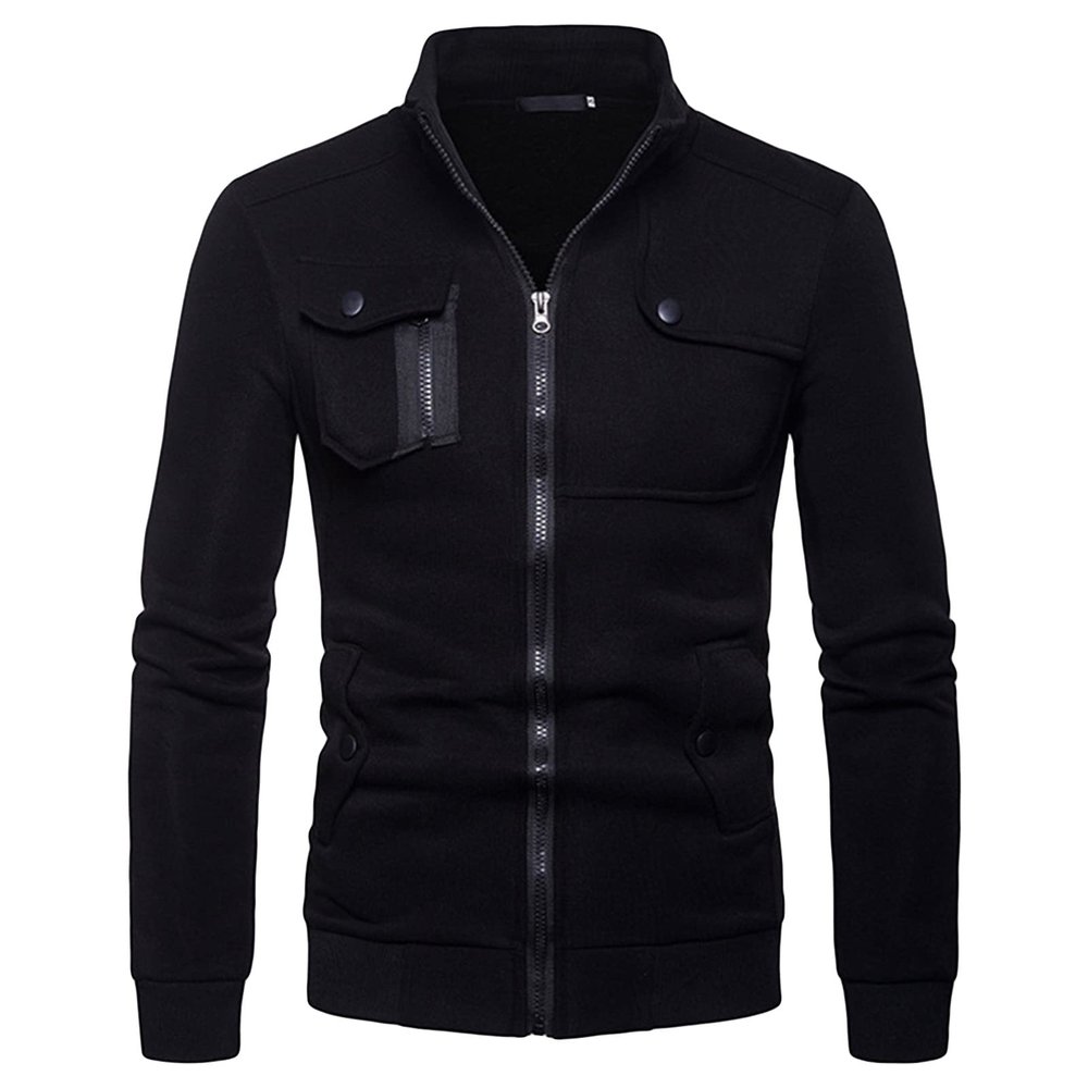 Maiyifu-GJ Men Cotton Lightweight Jacket Full Zip Outdoor Military Jackets Windbreaker Hiking Hunting Coat with Multi Pockets (Black,Small)