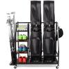 Sttoraboks 2 Golf Bags Storage Garage Organizer, Golf Bag Rack Fits 2 Golf Bags and Golf Equipment Accessories, Golf Club Storage Stand with Wooden Shelf and Lockable Wheels for Garage Indoor Basement view 1