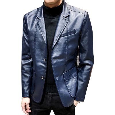 Faux Leather Blazer for Men Stylish 2 Button Moto Leather Suit Jacket Casual Regular Fit Business Sports Coat (Blue,5X-Large)