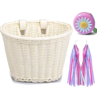 Bike Basket Kid Bicycle Basket Bike Accessories, 1pc Bicycle Bell with Stickers, 1pc Kid Bicycle Front Basket and 1pairs Colorful Ribbons Tassels Decoration for Girl Boy (White)