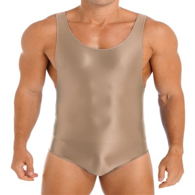 Zaldita Men's Oil Shiny Bodysuit Tank Vest Tops One Piece Shapewear High Elastic Tights Slim Leotard Coffee Medium