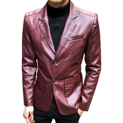 Faux Leather Blazer for Men Stylish 2 Button Moto Leather Suit Jacket Casual Regular Fit Business Sports Coat (Red,5X-Large)