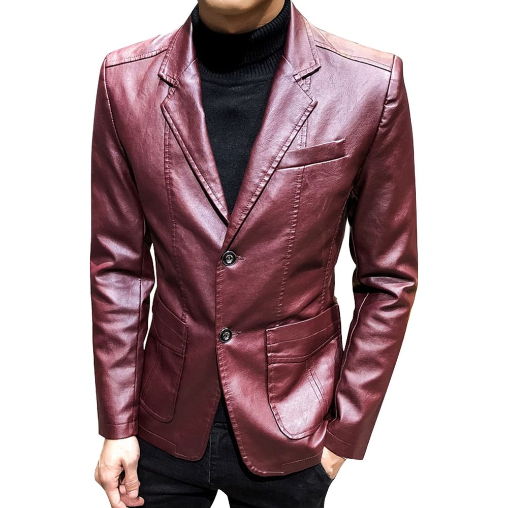 Faux Leather Blazer for Men Stylish 2 Button Moto Leather Suit Jacket Casual Regular Fit Business Sports Coat (Red,5X-Large)