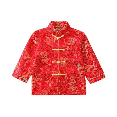 Noubeau Boy Tang Suit Dragon Long Sleeve Shirt Chinese New Year outfit Chinese Traditional Clothes for Kids Winter Jackets Coat(Red,5-6 Years)