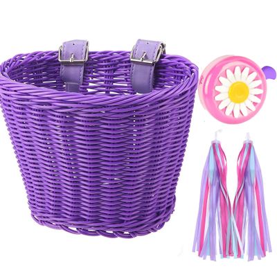 Bike Basket Kid Bicycle Basket Bike Accessories, 1pc Bicycle Bell with Stickers, 1pc Kid Bicycle Front Basket and 1pairs Colorful Ribbons Tassels Decoration for Girl Boy (Purple)