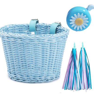 Bike Basket Kid Bicycle Basket Bike Accessories, 1pc Bicycle Bell with Stickers, 1pc Kid Bicycle Front Basket and 1pairs Colorful Ribbons Tassels Decoration for Girl Boy (Blue)