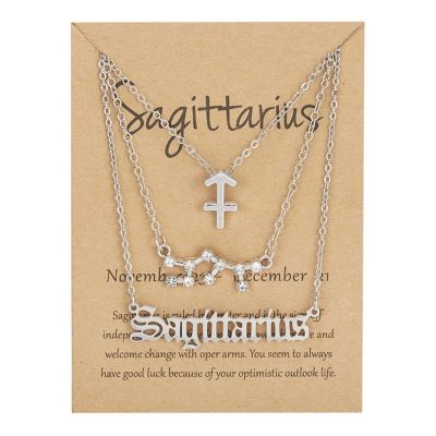 3Pcs Layered 12 Constellation Zodiac Pendant Necklace Set Retro Paper Card Letter Horoscope Floral Birth Month Clavicle Necklace for Women Friendship Jewelry Valentine's Day Gift-U Sagi-S