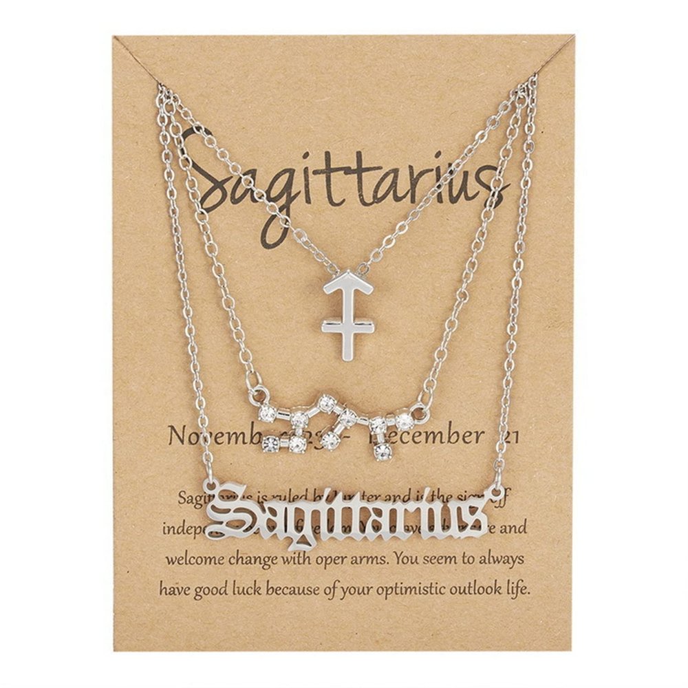 3Pcs Layered 12 Constellation Zodiac Pendant Necklace Set Retro Paper Card Letter Horoscope Floral Birth Month Clavicle Necklace for Women Friendship Jewelry Valentine's Day Gift-U Sagi-S