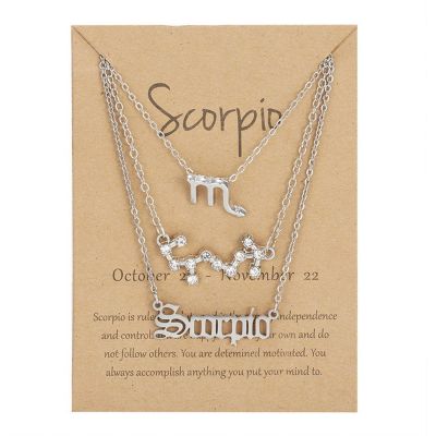 3Pcs Layered 12 Constellation Zodiac Pendant Necklace Set Retro Paper Card Letter Horoscope Floral Birth Month Clavicle Necklace for Women Friendship Jewelry Valentine's Day Gift-T Scor-S