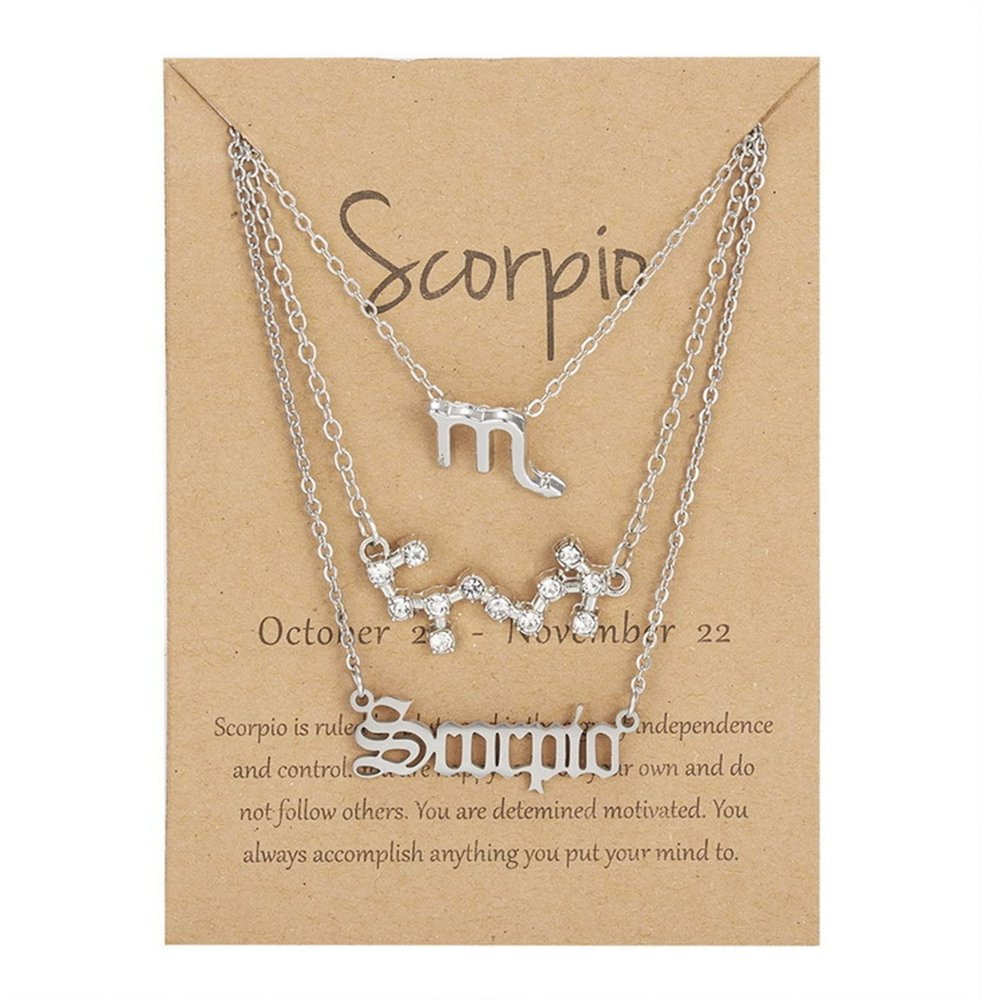 3Pcs Layered 12 Constellation Zodiac Pendant Necklace Set Retro Paper Card Letter Horoscope Floral Birth Month Clavicle Necklace for Women Friendship Jewelry Valentine's Day Gift-T Scor-S